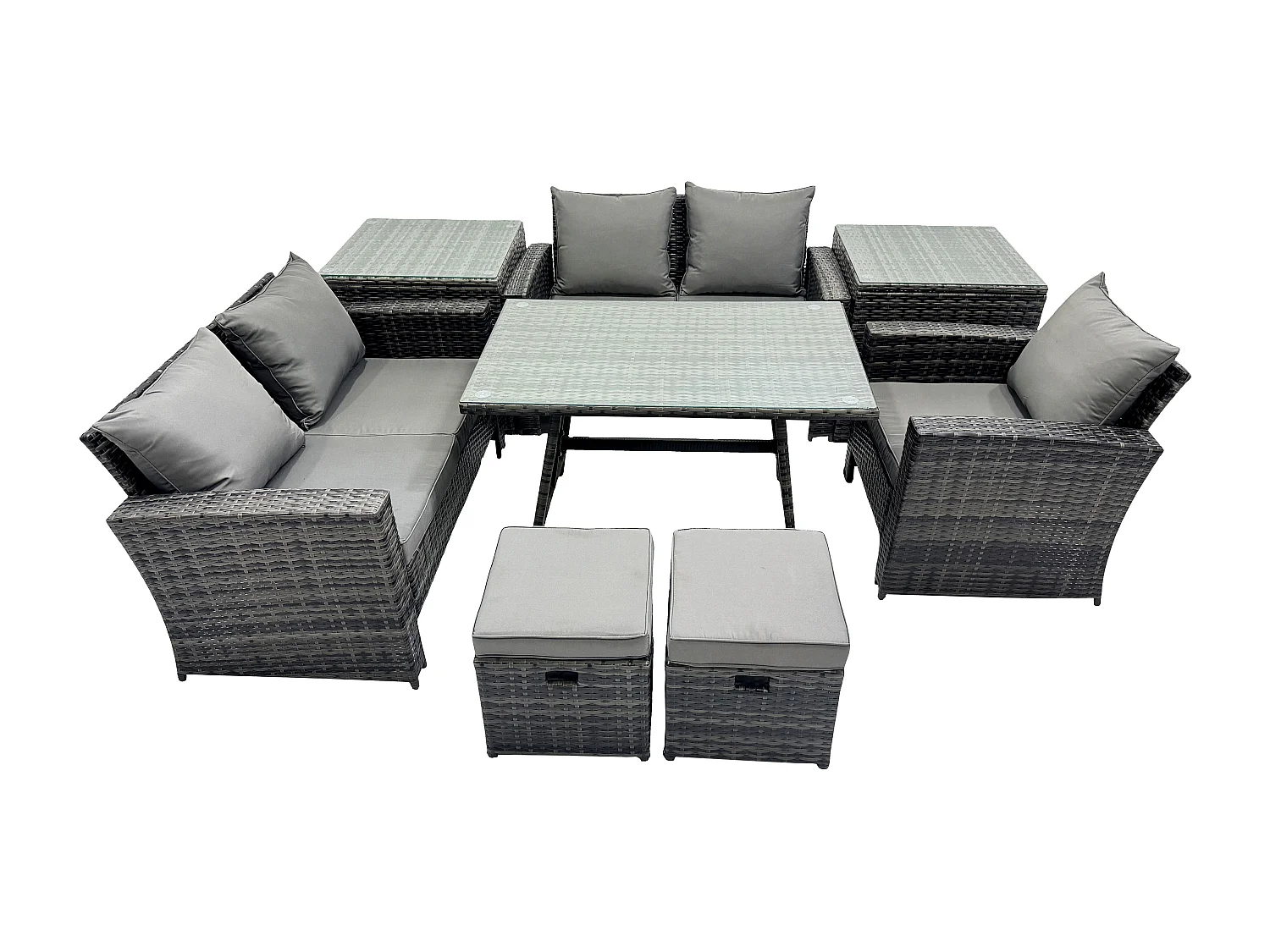 Garten Esstisch Set Polyrattan Outdoor Möbel Sofa mit Rechteckiger Esstisch Doppelsitz Sofa 2 Beistelltischen 2 kleine Fußhockern Dunkelgrau Gemischt