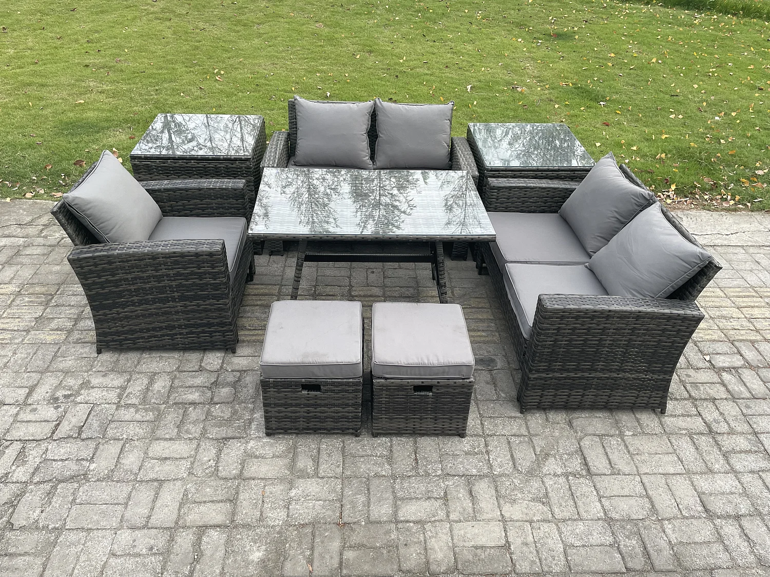 Garten Esstisch Set Polyrattan Outdoor Möbel Sofa mit Rechteckiger Esstisch Doppelsitz Sofa 2 Beistelltischen 2 kleine Fußhockern Dunkelgrau Gemischt