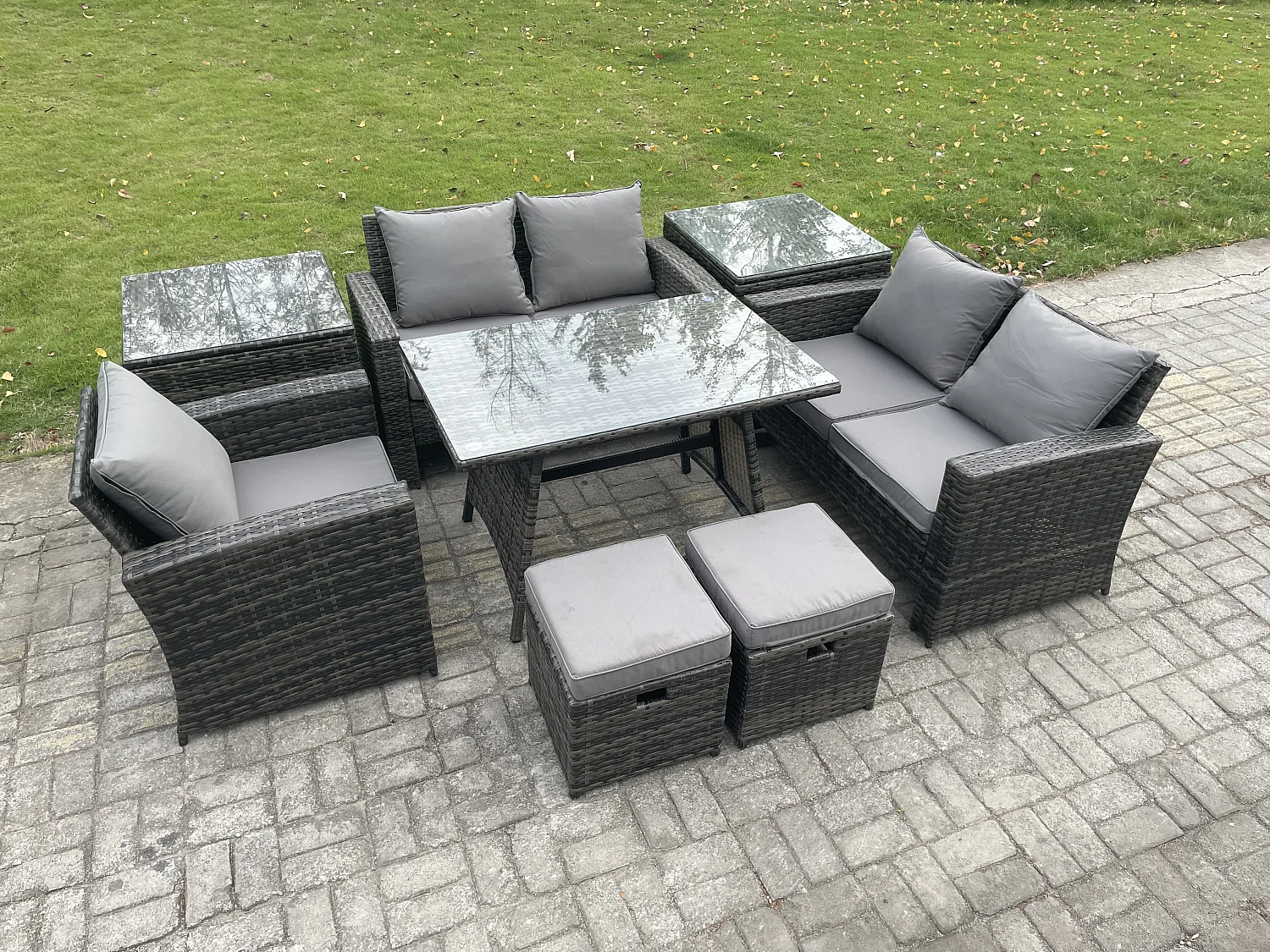 Garten Esstisch Set Polyrattan Outdoor Möbel Sofa mit Rechteckiger Esstisch Doppelsitz Sofa 2 Beistelltischen 2 kleine Fußhockern Dunkelgrau Gemischt