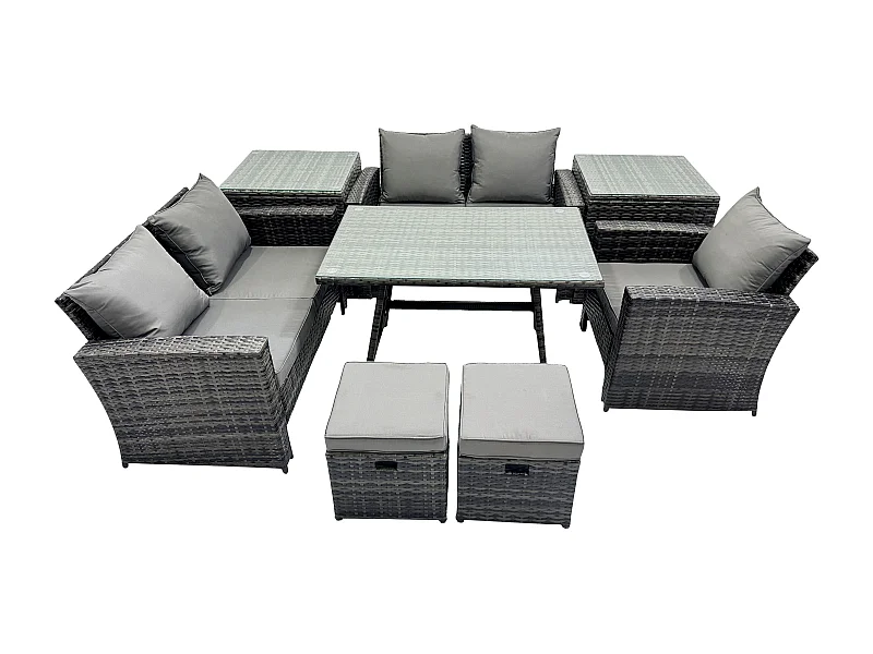 Garten Esstisch Set Polyrattan Outdoor Möbel Sofa mit Rechteckiger Esstisch Doppelsitz Sofa 2 Beistelltischen 2 kleine Fußhockern Dunkelgrau Gemischt