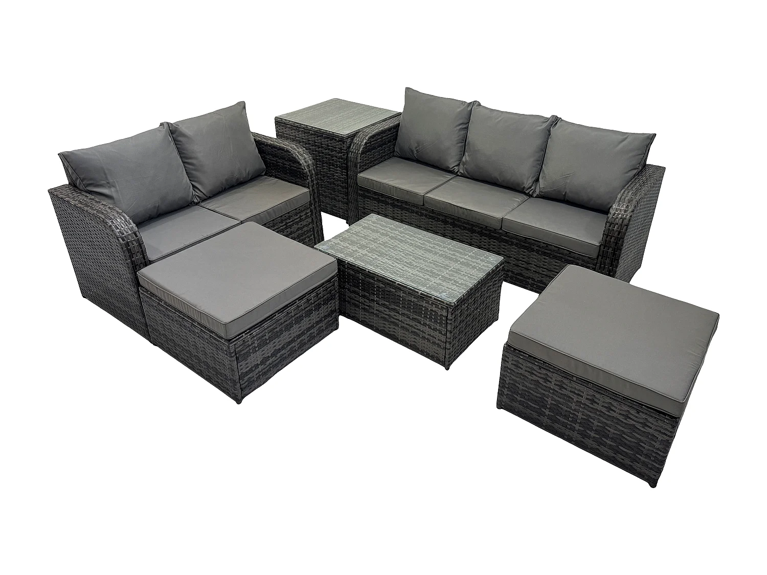 Polyrattan Gartenmöbel Set 7-Sitzer Garten Sofa im Freien Set mit Love Sofa Couchtisch 2 hohen Hockern Beistelltisch Dunkelgrau Gemischt