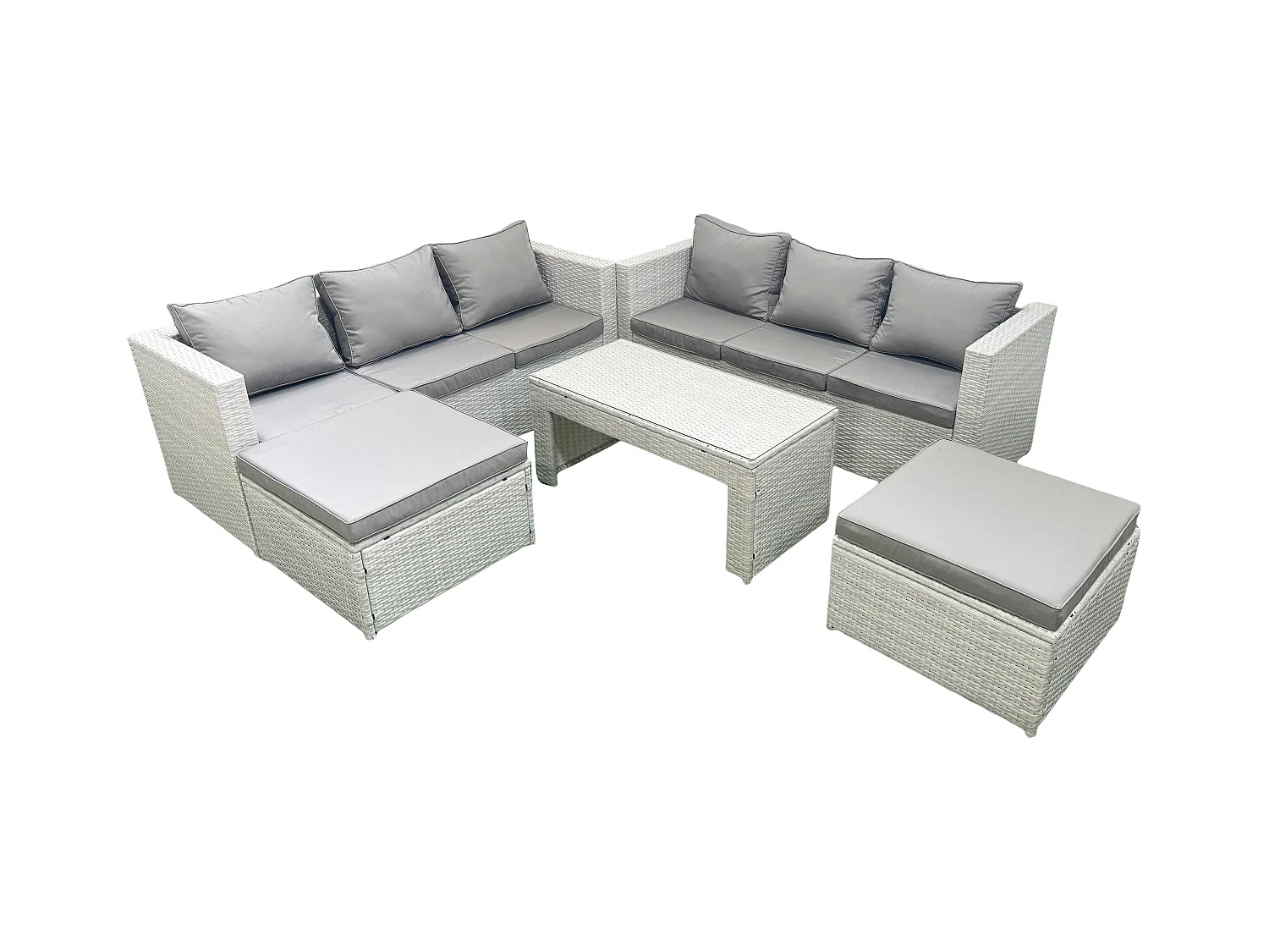 8 places Salon de Jardin Extérieur Canapé de jardin en rotin Table basse oblongue avec 2 Grand tabourets Gris clair mixte