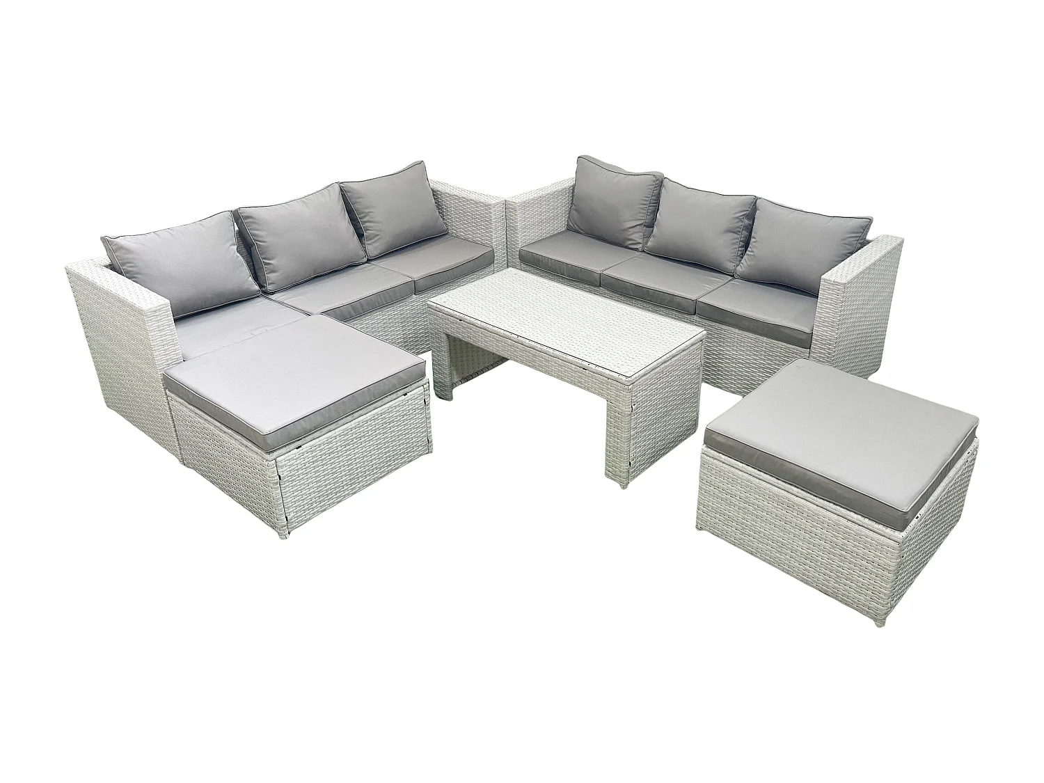 8 places Salon de Jardin Extérieur Canapé de jardin en rotin Table basse oblongue avec 2 Grand tabourets Gris clair mixte