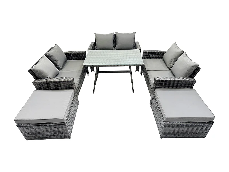 8-Sitzer Garten Esstisch Set Polyrattan Outdoor Möbel Sofa mit Rechteckiger Esstisch Doppelsitz Sofa 2 hohen Hockern Dunkelgrau Gemischt