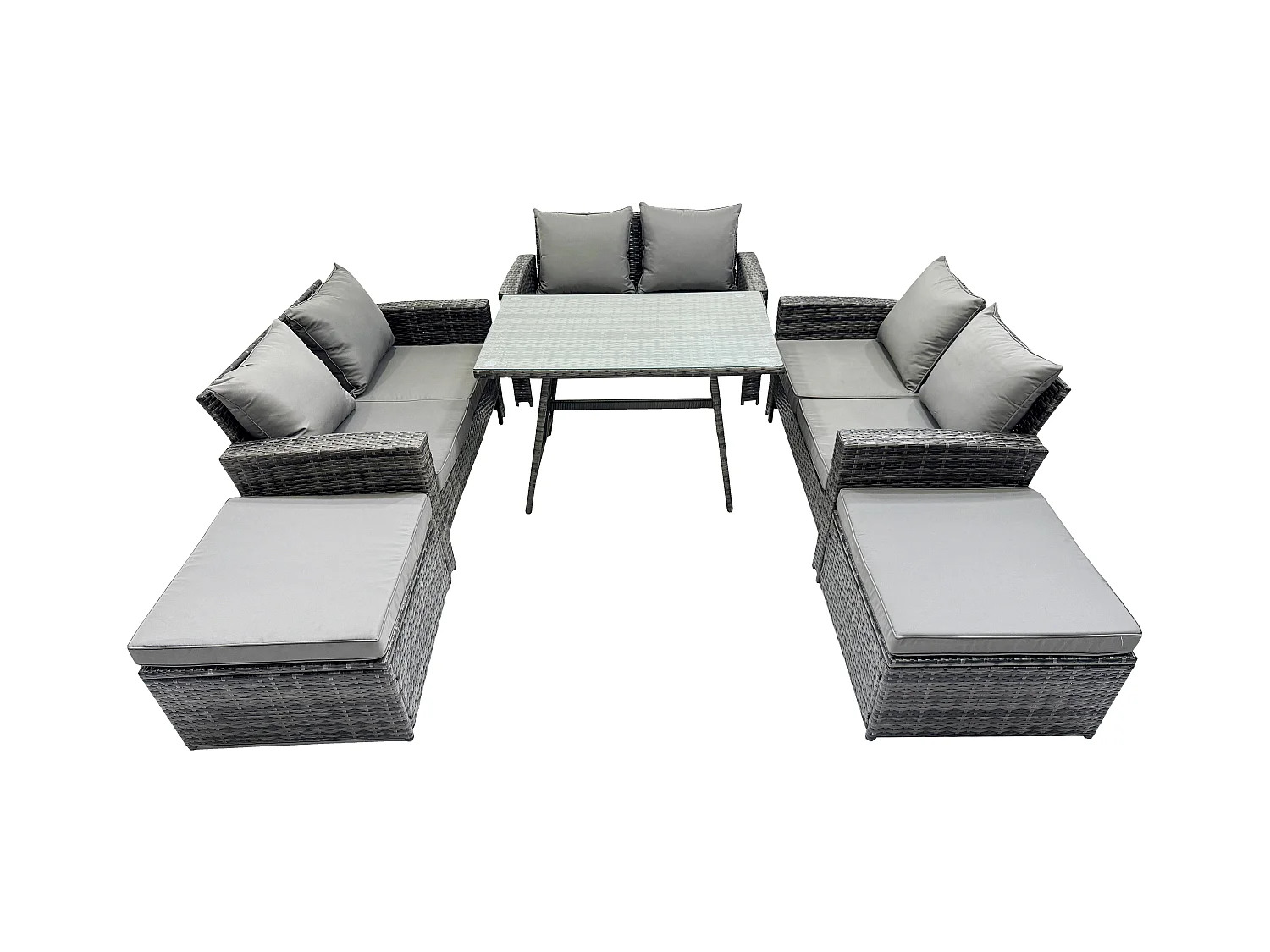 8-Sitzer Garten Esstisch Set Polyrattan Outdoor Möbel Sofa mit Rechteckiger Esstisch Doppelsitz Sofa 2 hohen Hockern Dunkelgrau Gemischt