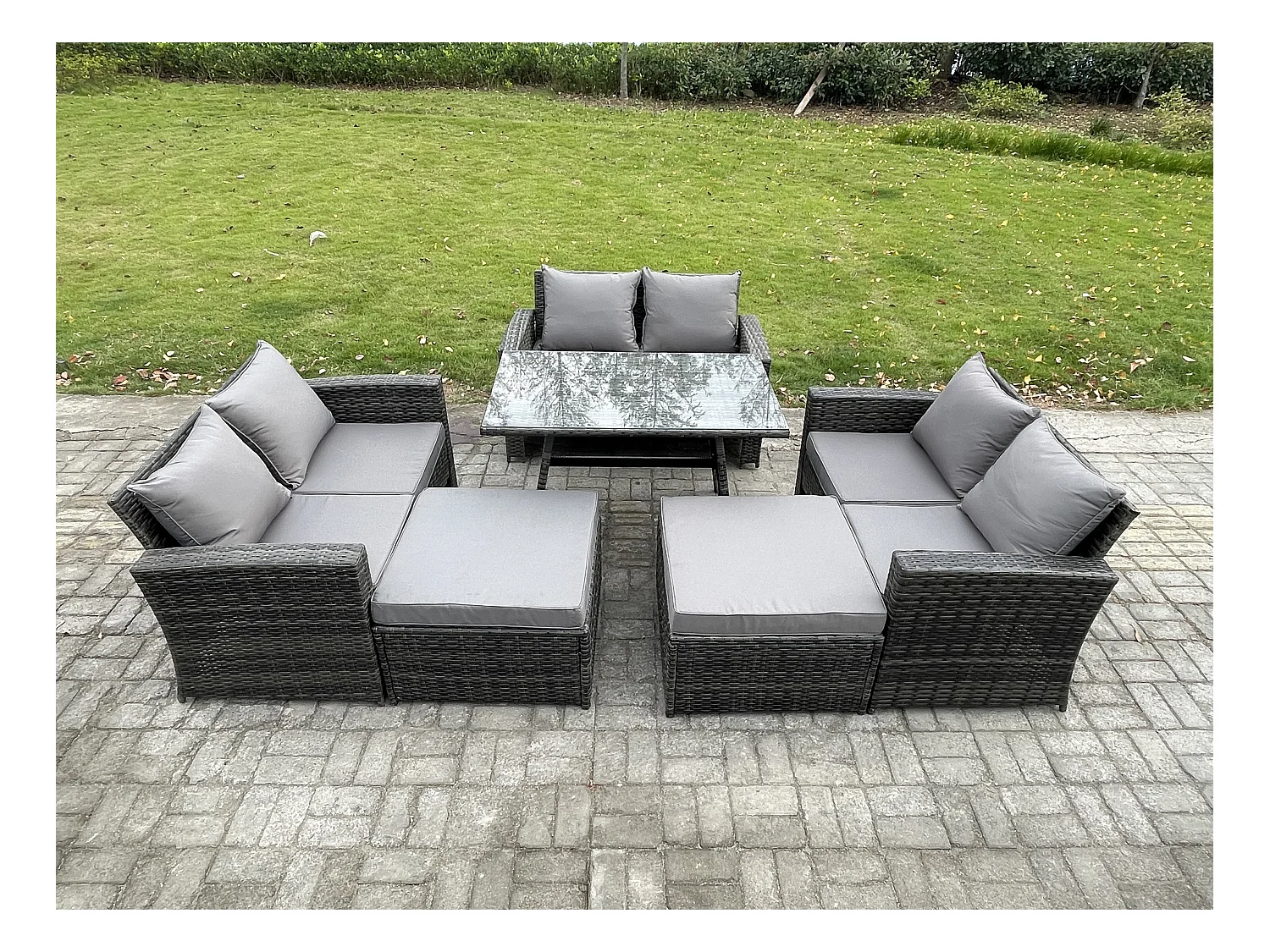 8-Sitzer Garten Esstisch Set Polyrattan Outdoor Möbel Sofa mit Rechteckiger Esstisch Doppelsitz Sofa 2 hohen Hockern Dunkelgrau Gemischt