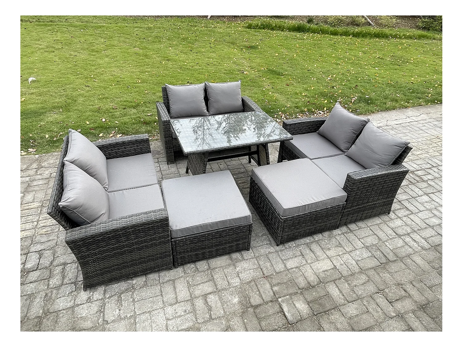 8-Sitzer Garten Esstisch Set Polyrattan Outdoor Möbel Sofa mit Rechteckiger Esstisch Doppelsitz Sofa 2 hohen Hockern Dunkelgrau Gemischt