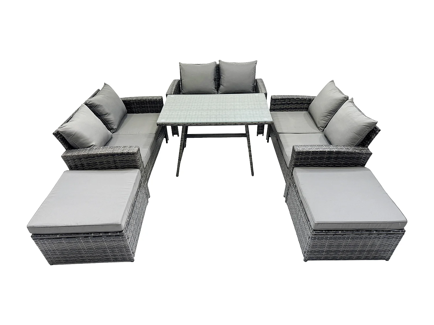 8-Sitzer Garten Esstisch Set Polyrattan Outdoor Möbel Sofa mit Rechteckiger Esstisch Doppelsitz Sofa 2 hohen Hockern Dunkelgrau Gemischt