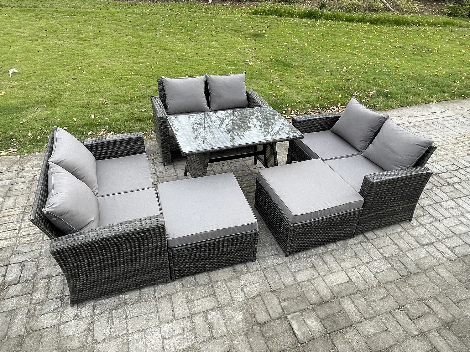 8-Sitzer Garten Esstisch Set Polyrattan Outdoor Möbel Sofa mit Rechteckiger Esstisch Doppelsitz Sofa 2 hohen Hockern Dunkelgrau Gemischt