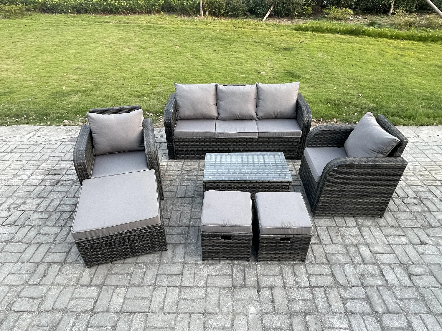 8-Sitzer Polyrattan Gartenmöbel Set Polyrattan Garten Sofa im Freien Set mit Rechteckiger Couchtisch 3 Hockern 3-Sitzer Sofa Dunkelgrau Gemischt