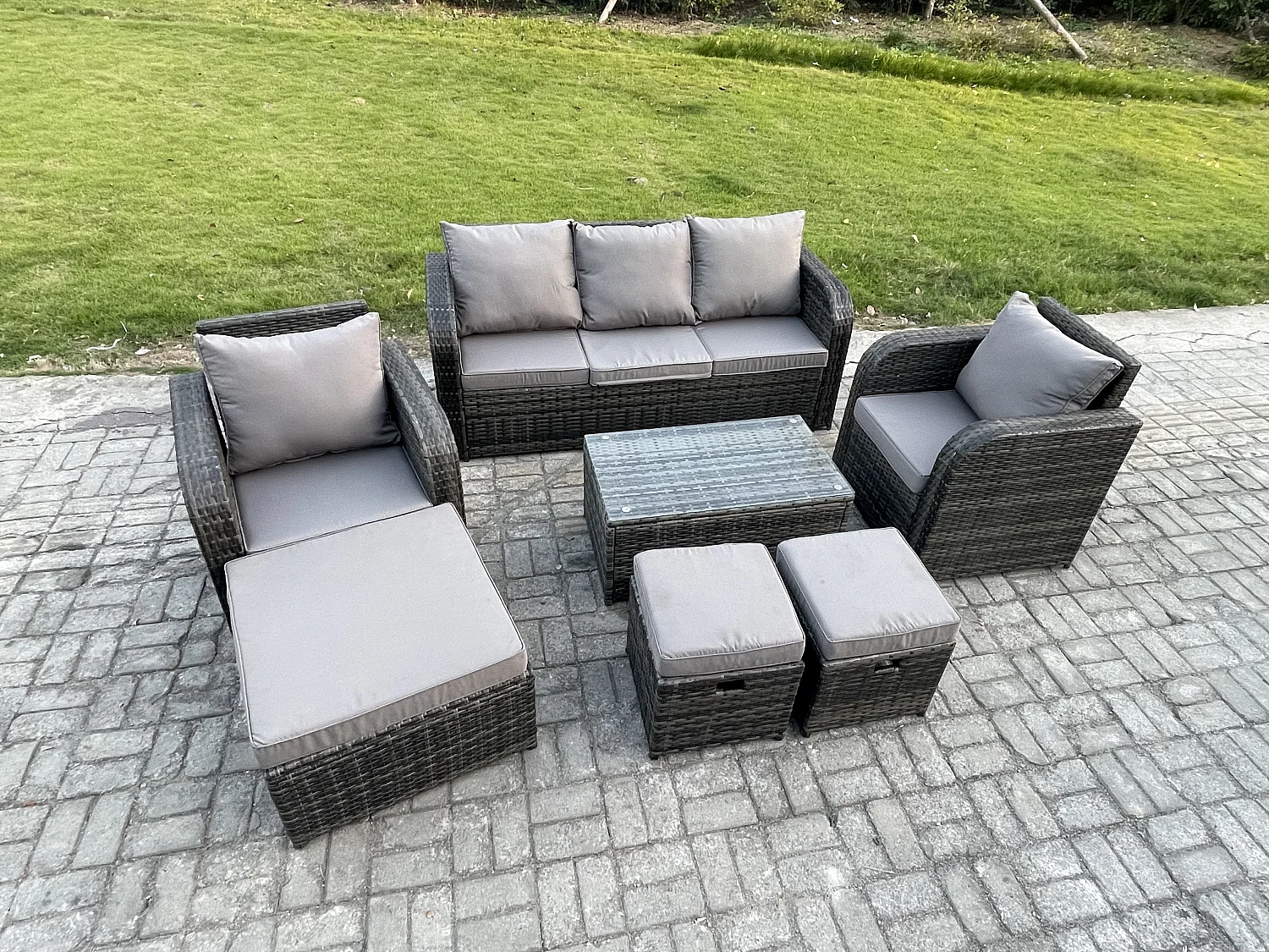 8-Sitzer Polyrattan Gartenmöbel Set Polyrattan Garten Sofa im Freien Set mit Rechteckiger Couchtisch 3 Hockern 3-Sitzer Sofa Dunkelgrau Gemischt