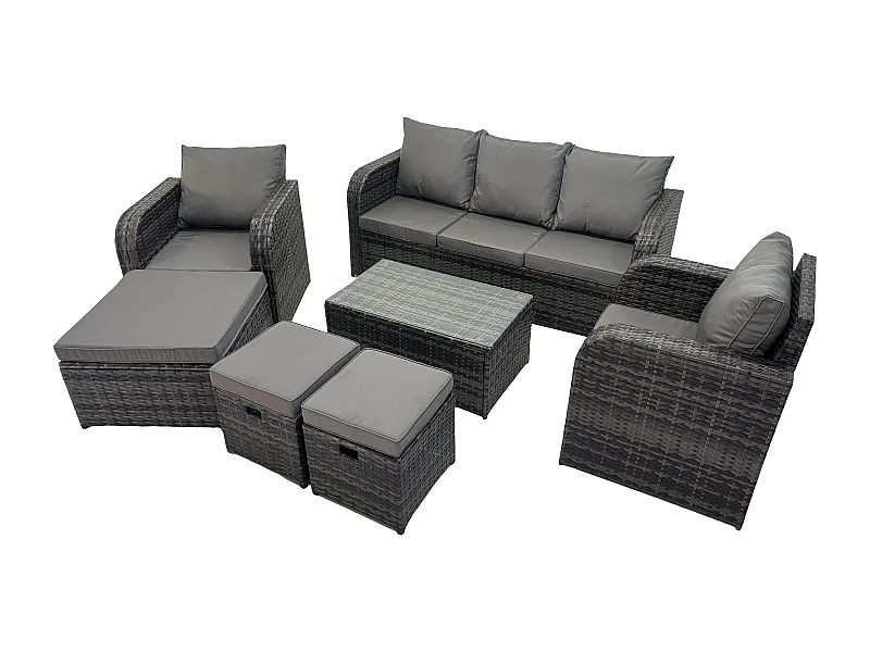 8-Sitzer Polyrattan Gartenmöbel Set Polyrattan Garten Sofa im Freien Set mit Rechteckiger Couchtisch 3 Hockern 3-Sitzer Sofa Dunkelgrau Gemischt
