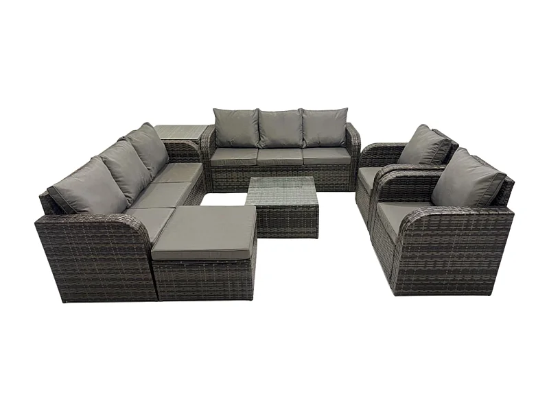 Hoher Rücken Polyrattan Gartenmöbel Set mit Quadratischer Couchtisch 2 Großer Hockern Beistelltisch Garten Lounge Set Dunkelgrau Gemischt