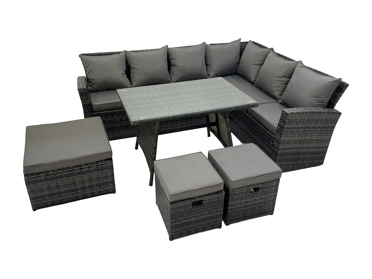 Hochlehniges Rattan-Ecksofa Set Esstisch Möbel Dunkelgrau Gemischt