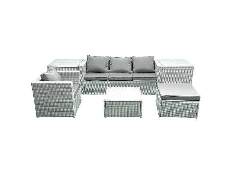 Salon de Jardin Exterieur en Résine 5 places avec Canapé Grand tabouret Fauteuil 2 Tables d'appoint Gris clair mixte