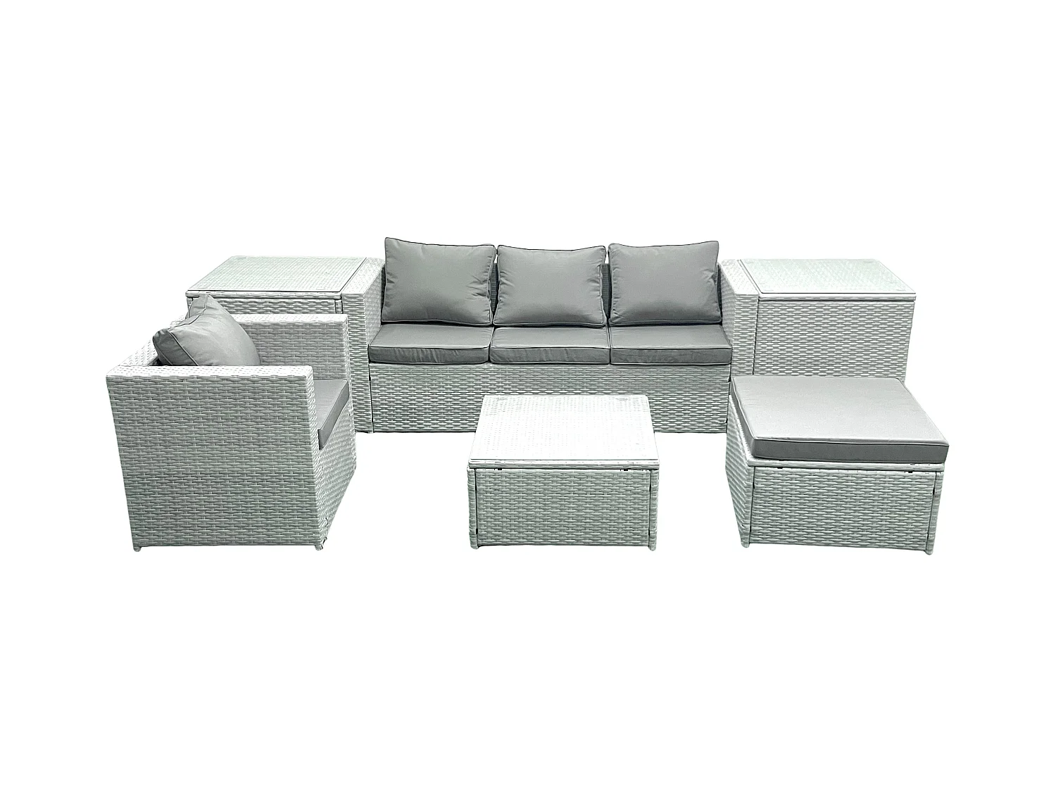 Salon de Jardin Exterieur en Résine 5 places avec Canapé Grand tabouret Fauteuil 2 Tables d'appoint Gris clair mixte