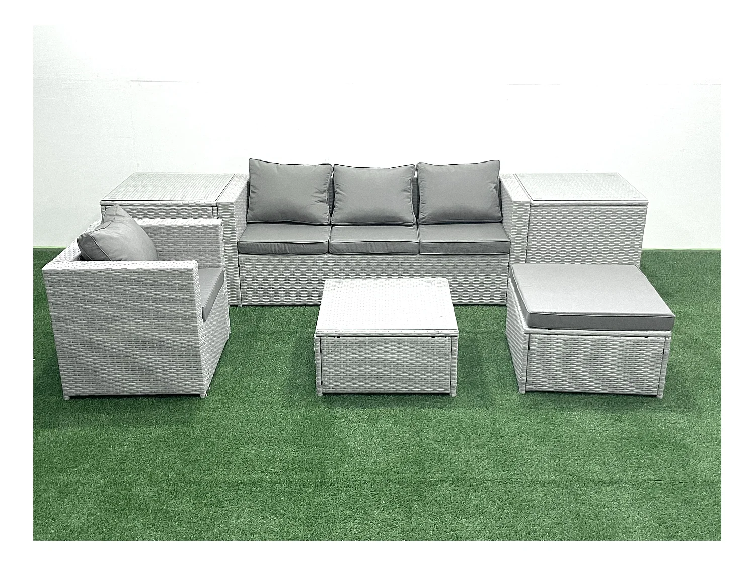 Salon de Jardin Exterieur en Résine 5 places avec Canapé Grand tabouret Fauteuil 2 Tables d'appoint Gris clair mixte