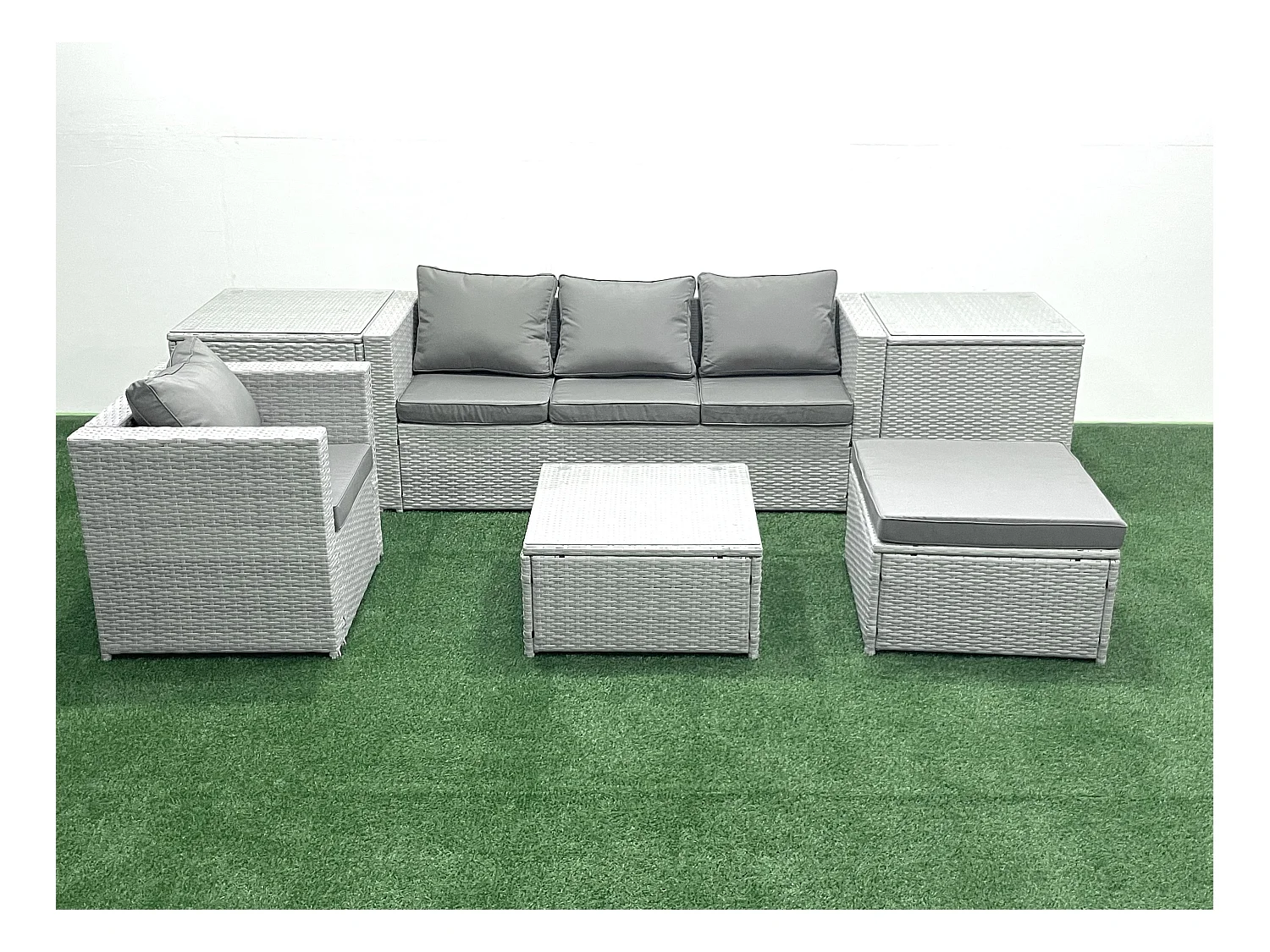 Salon de Jardin Exterieur en Résine 5 places avec Canapé Grand tabouret Fauteuil 2 Tables d'appoint Gris clair mixte