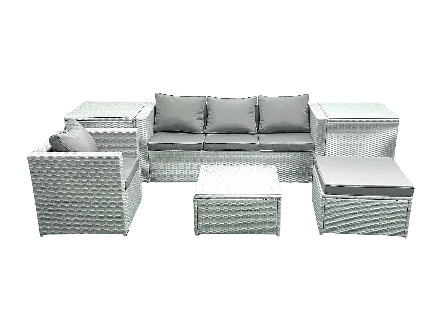 Gartenmöbel-Set 5-Sitzer Polyrattan Sofa Set mit 2 Großer Hockern Sessel 2 Beistelltischen Hellgrau gemischt