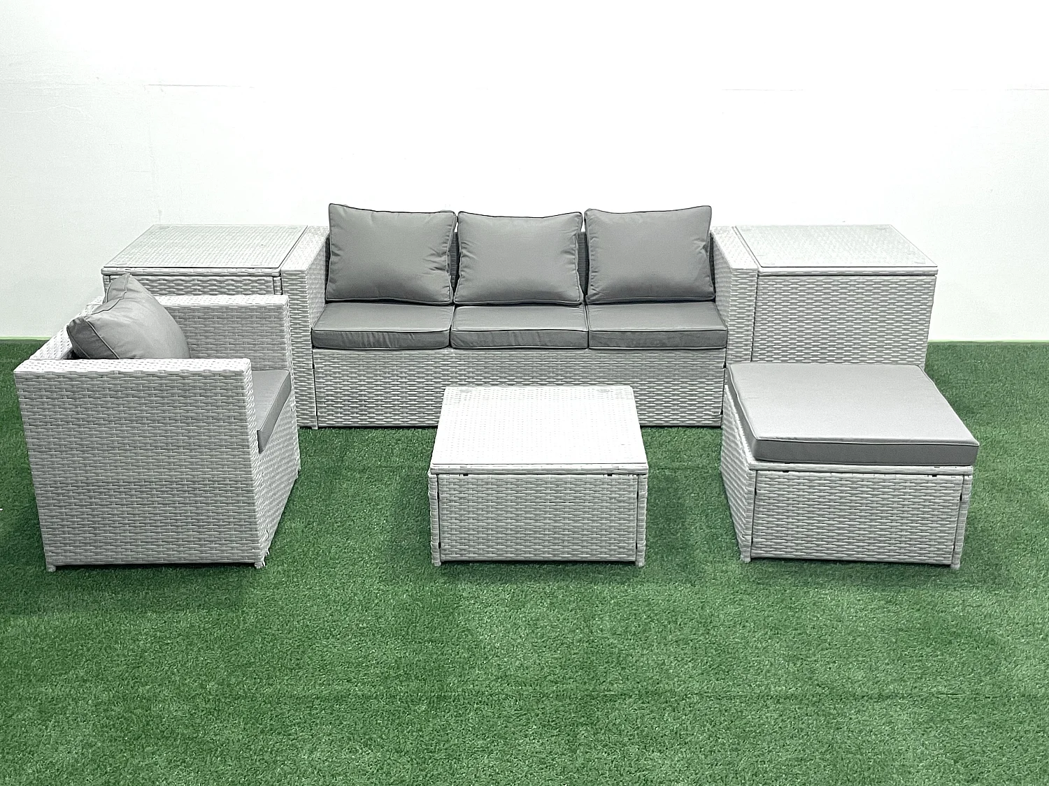 Gartenmöbel-Set 5-Sitzer Polyrattan Sofa Set mit 2 Großer Hockern Sessel 2 Beistelltischen Hellgrau gemischt