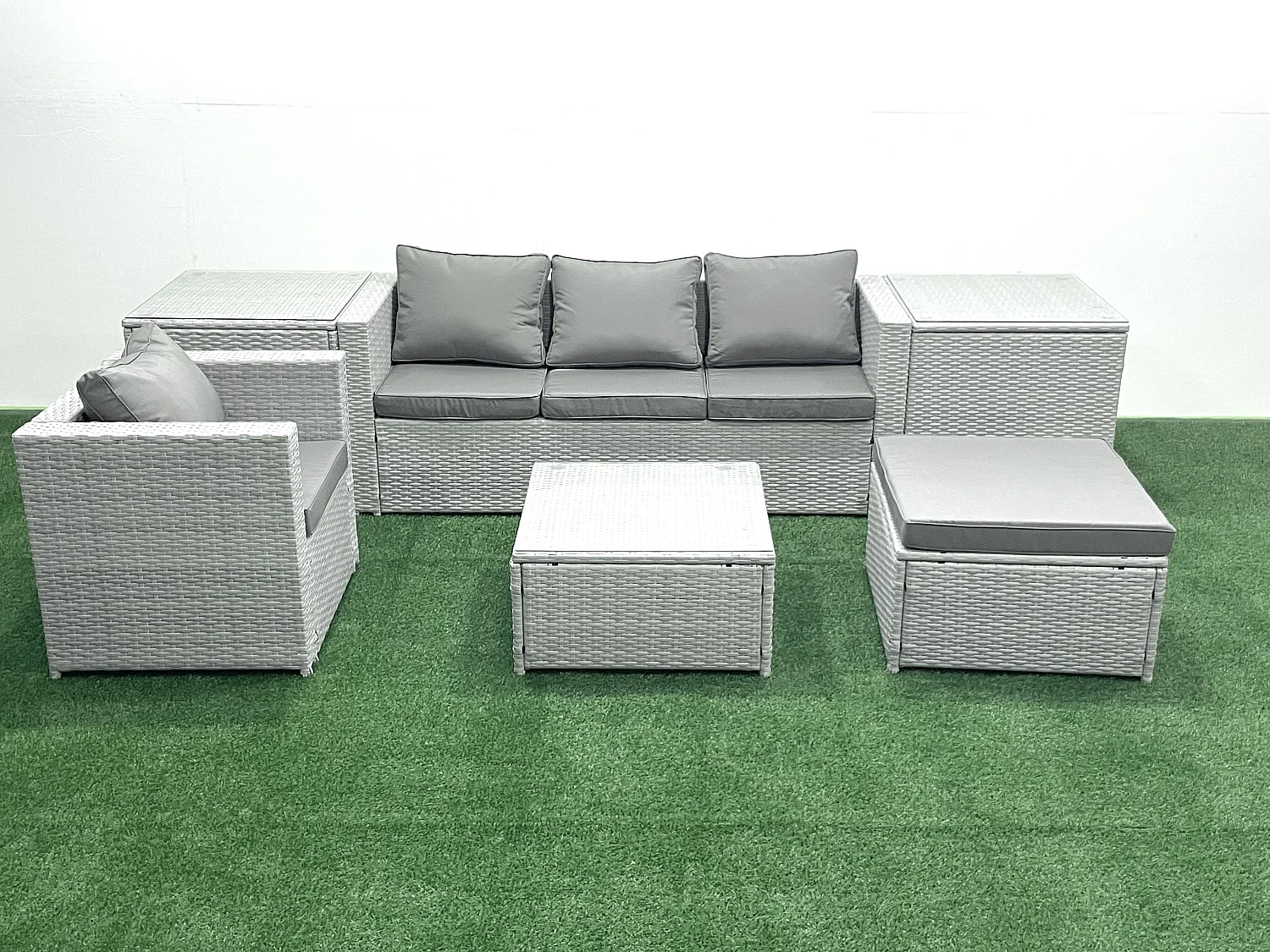 Gartenmöbel-Set 5-Sitzer Polyrattan Sofa Set mit 2 Großer Hockern Sessel 2 Beistelltischen Hellgrau gemischt