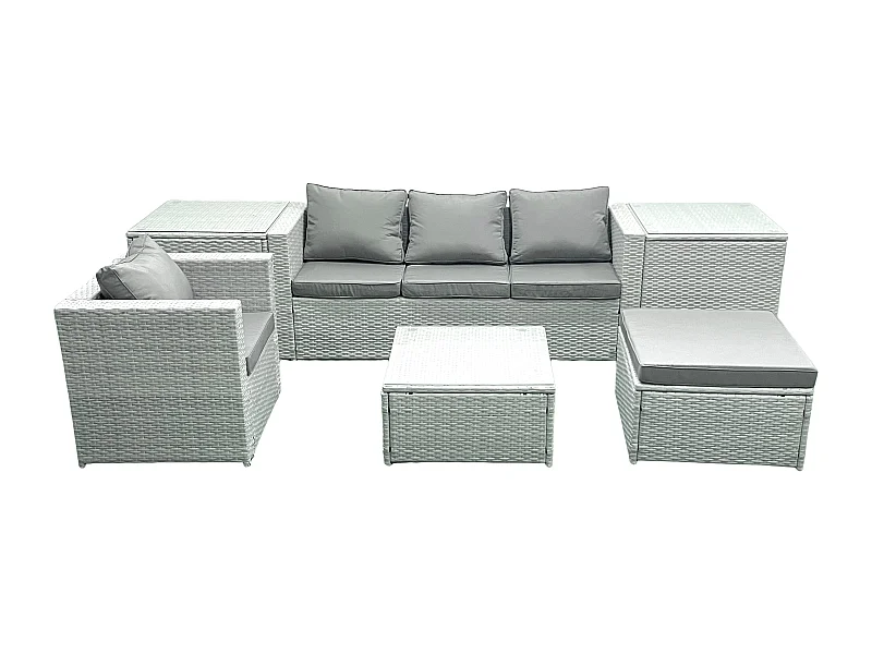 Gartenmöbel-Set 5-Sitzer Polyrattan Sofa Set mit 2 Großer Hockern Sessel 2 Beistelltischen Hellgrau gemischt