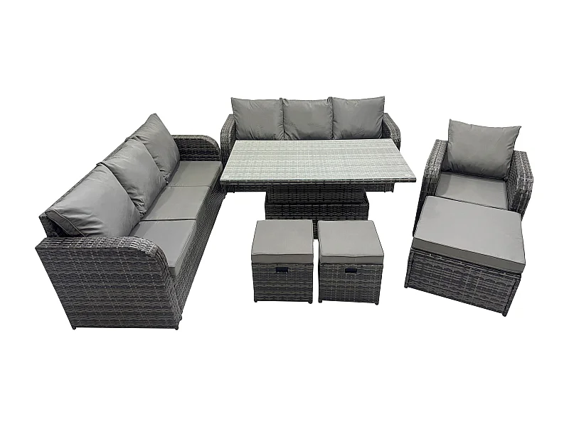 Salon de jardin Table à manger réglable en hauteur Canapé avec Chaise inclinable 3 Tabourets Gris foncé mixte