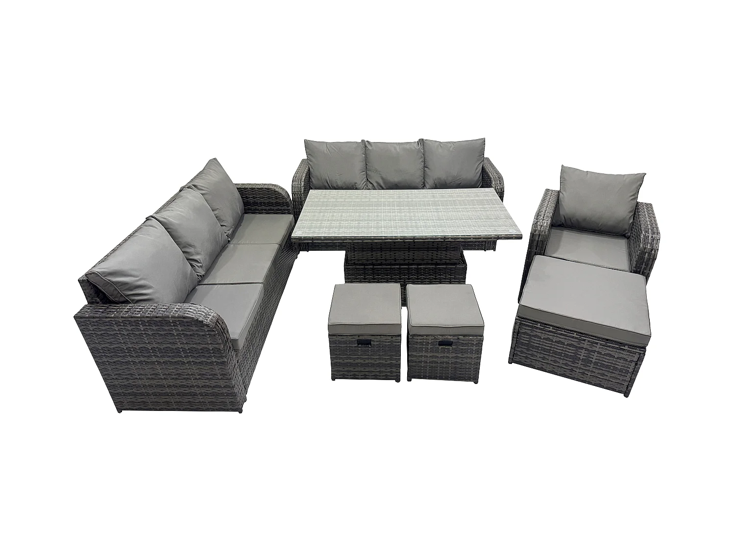 Outdoor Polyrattan Gartenmöbel Sets höhenverstellbarer Tisch Sofa Set mit Liegestühle 3 Hockern Dunkelgrau Gemischt