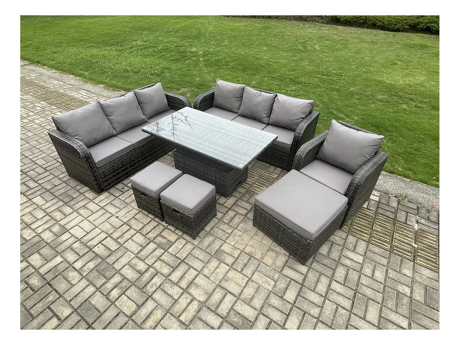 Outdoor Polyrattan Gartenmöbel Sets höhenverstellbarer Tisch Sofa Set mit Liegestühle 3 Hockern Dunkelgrau Gemischt