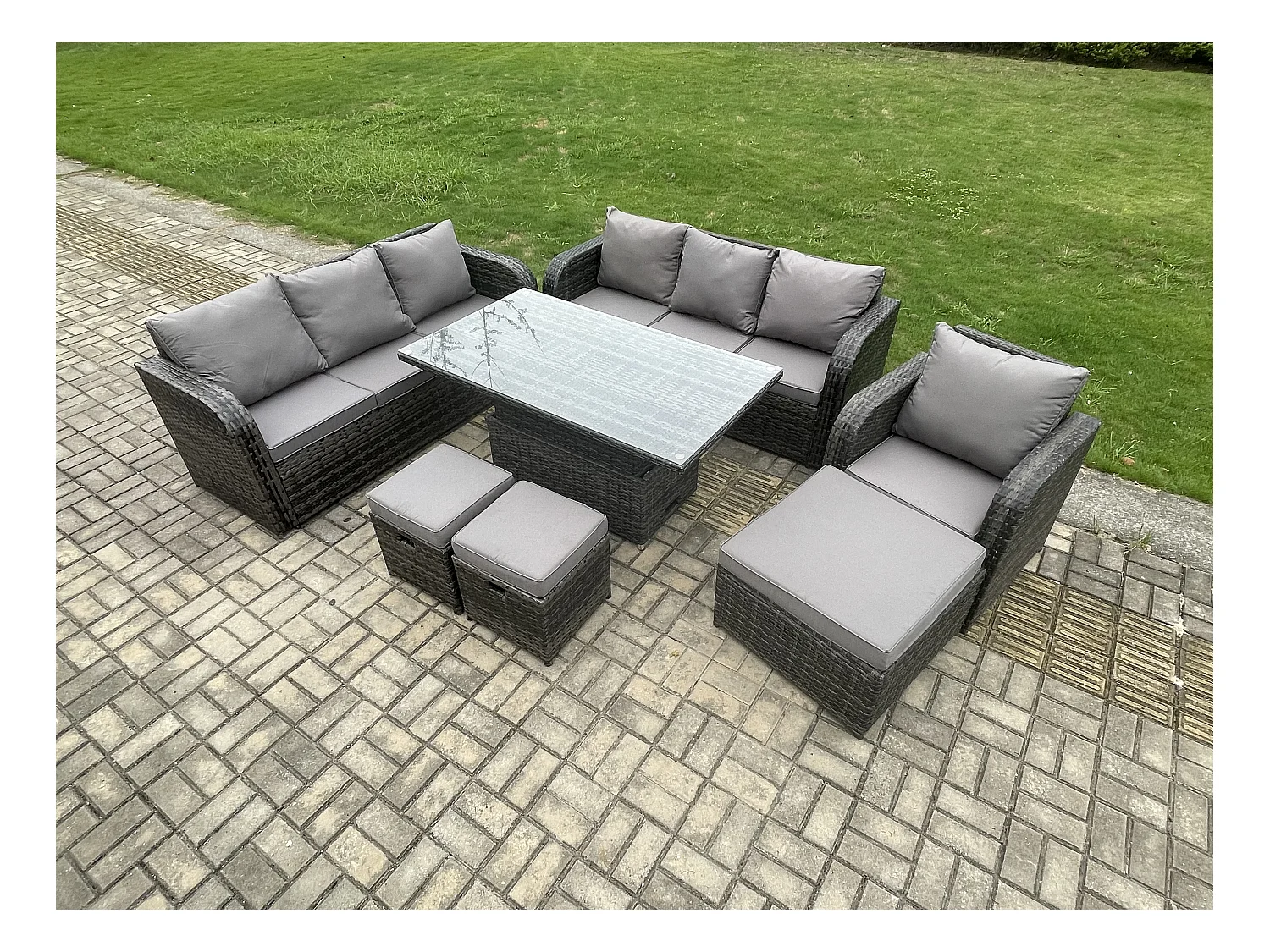 Outdoor Polyrattan Gartenmöbel Sets höhenverstellbarer Tisch Sofa Set mit Liegestühle 3 Hockern Dunkelgrau Gemischt