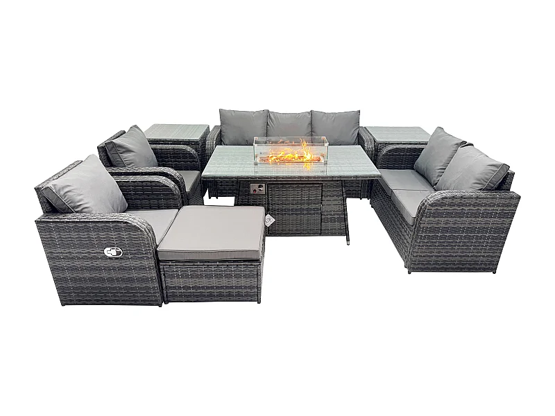 8 places Salon de jardin exterieur Table de foyer à gaz et Canapé Fauteuil avec 2 Tables d'appoint Grand tabouret