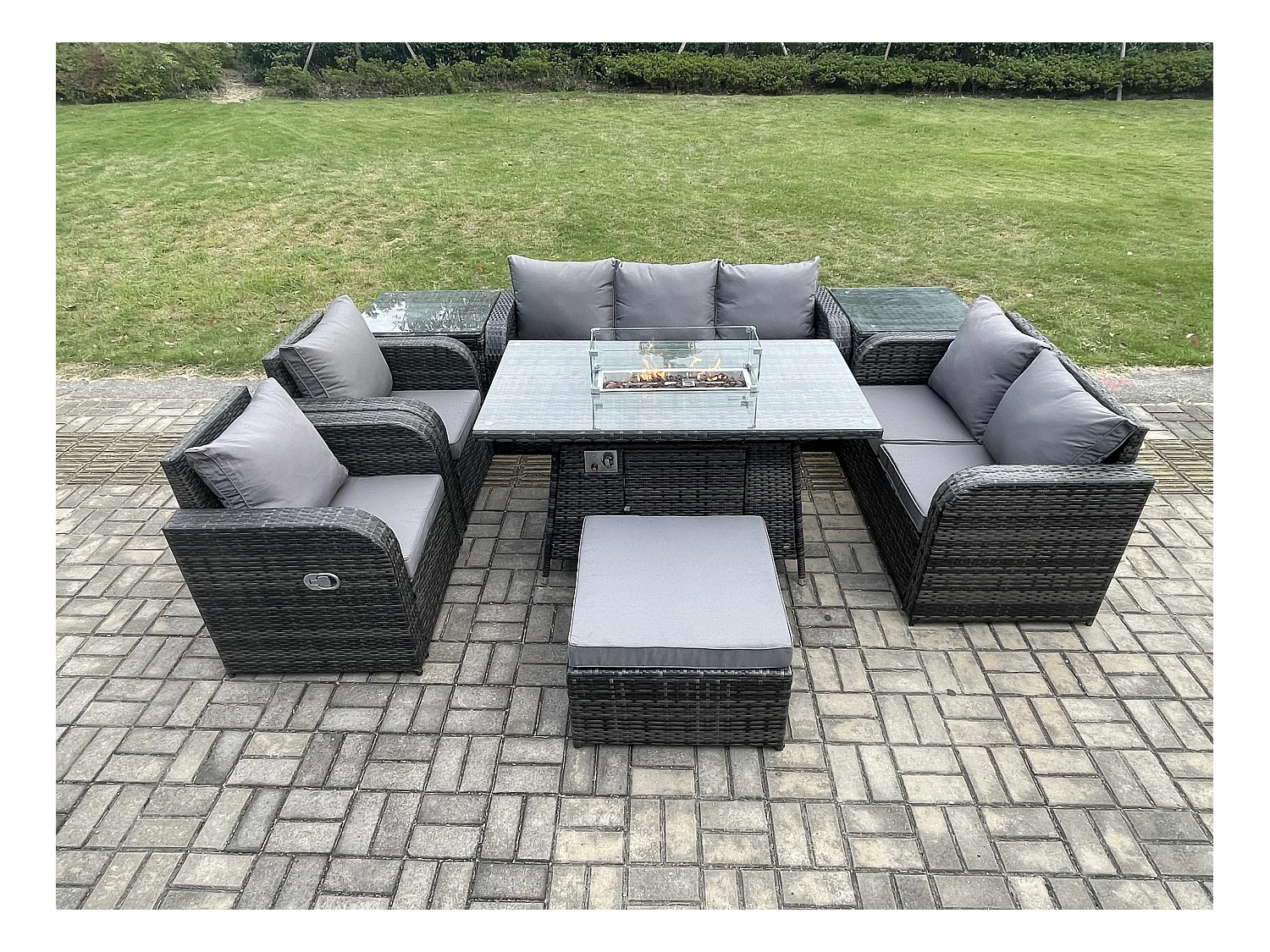 8 places Salon de jardin exterieur Table de foyer à gaz et Canapé Fauteuil avec 2 Tables d'appoint Grand tabouret