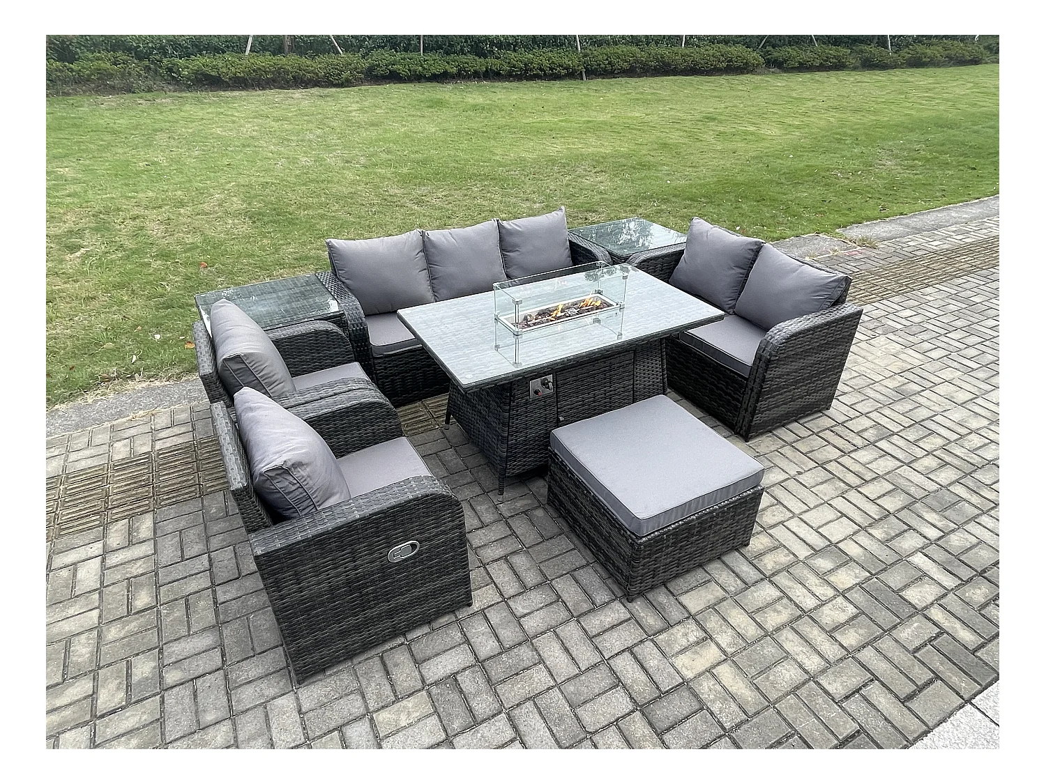 8 places Salon de jardin exterieur Table de foyer à gaz et Canapé Fauteuil avec 2 Tables d'appoint Grand tabouret