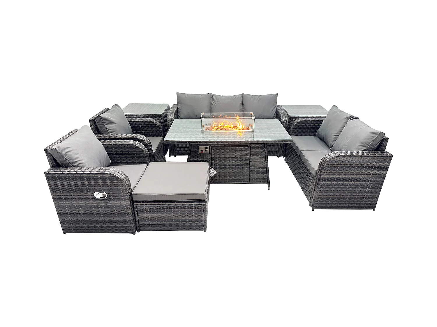 8-Sitzer Polyrattan Gartenmöbelset Gasfeuerstelle Esstisch und Sofa Sessel set mit 2 Beistelltischen 2 Großer Hockern
