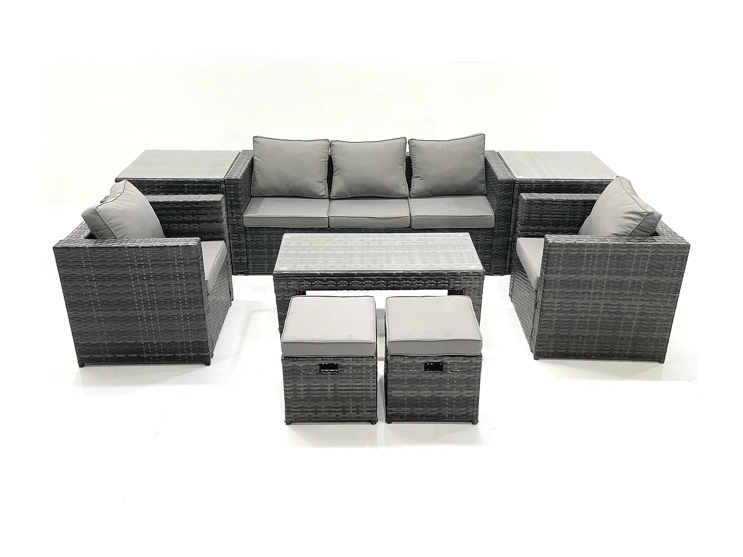 Fimous Rattan Garden Furniture Set Outdoor Lounger Sofa with Coffee Table 2 Armchair 2 Small Footstools 2 Side Tables Dark Grey Mixed