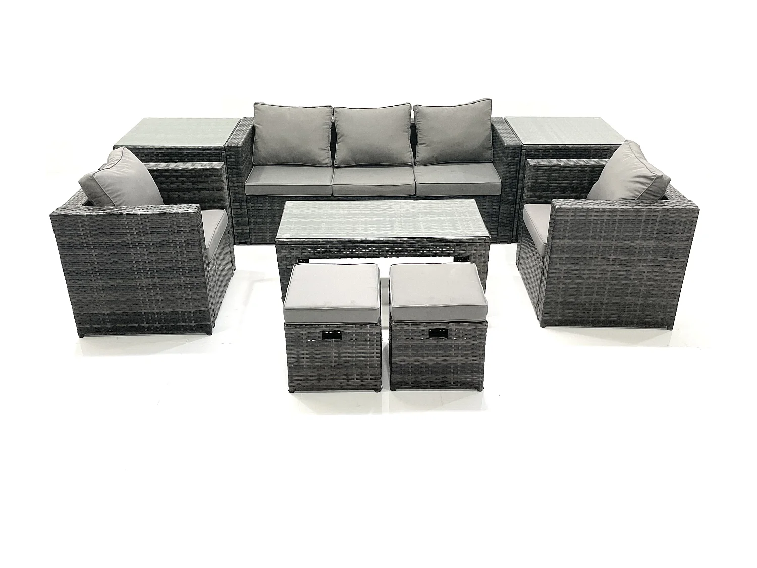 Fimous Rattan Garden Furniture Set Outdoor Lounger Sofa with Coffee Table 2 Armchair 2 Small Footstools 2 Side Tables Dark Grey Mixed