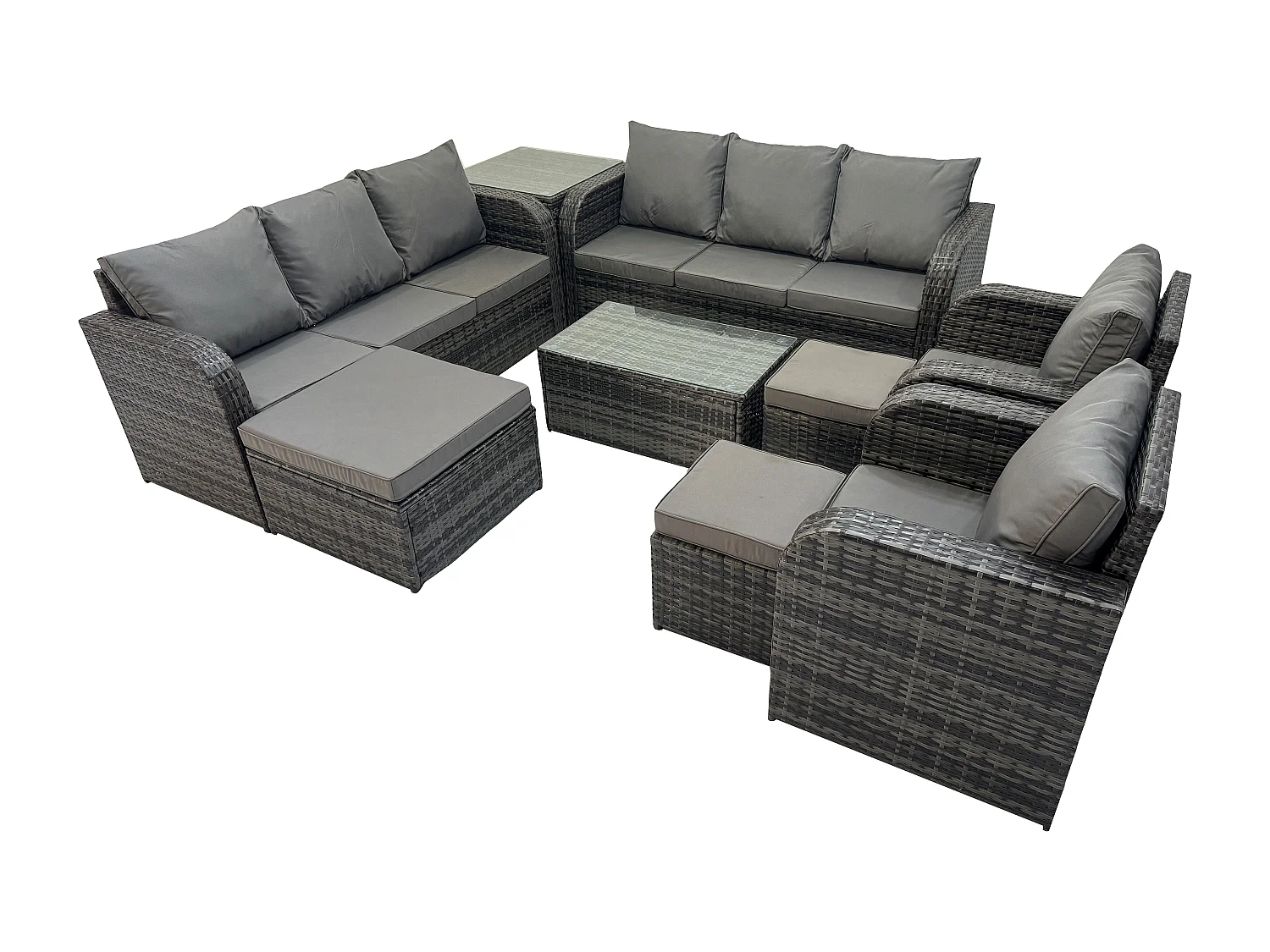 Rattan Gartenmöbel Sofa Set Tisch & Stühle Set mit 3-Sitzer Sofa Liegestühle 3 Hockern 3-Sitzer Sofa Beistelltisch Dunkelgrau Gemischt