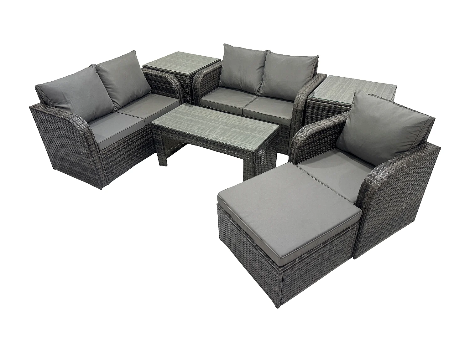 Rattan Gartenmöbel Sofa Set Tisch & Stühle Set mit 2 Großer Hockern 2 Beistelltischen Dunkelgrau Gemischt