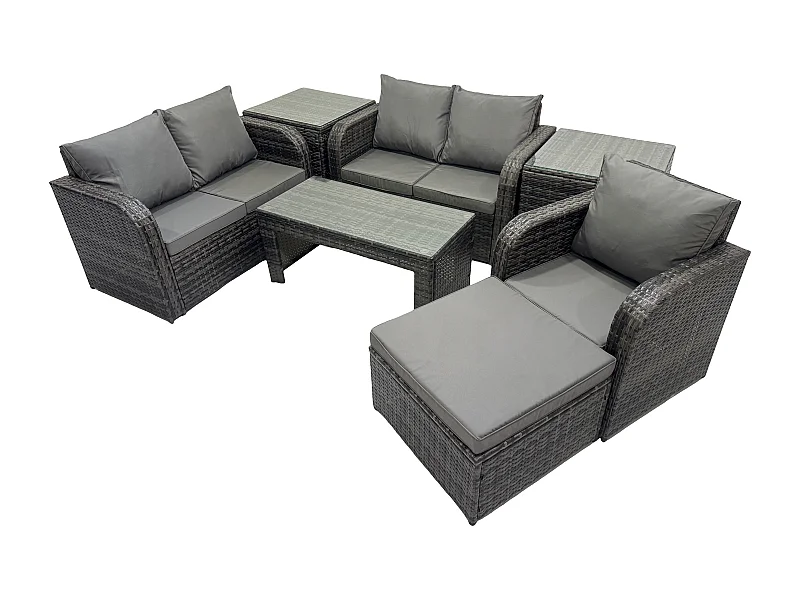 Rattan Gartenmöbel Sofa Set Tisch & Stühle Set mit 2 Großer Hockern 2 Beistelltischen Dunkelgrau Gemischt