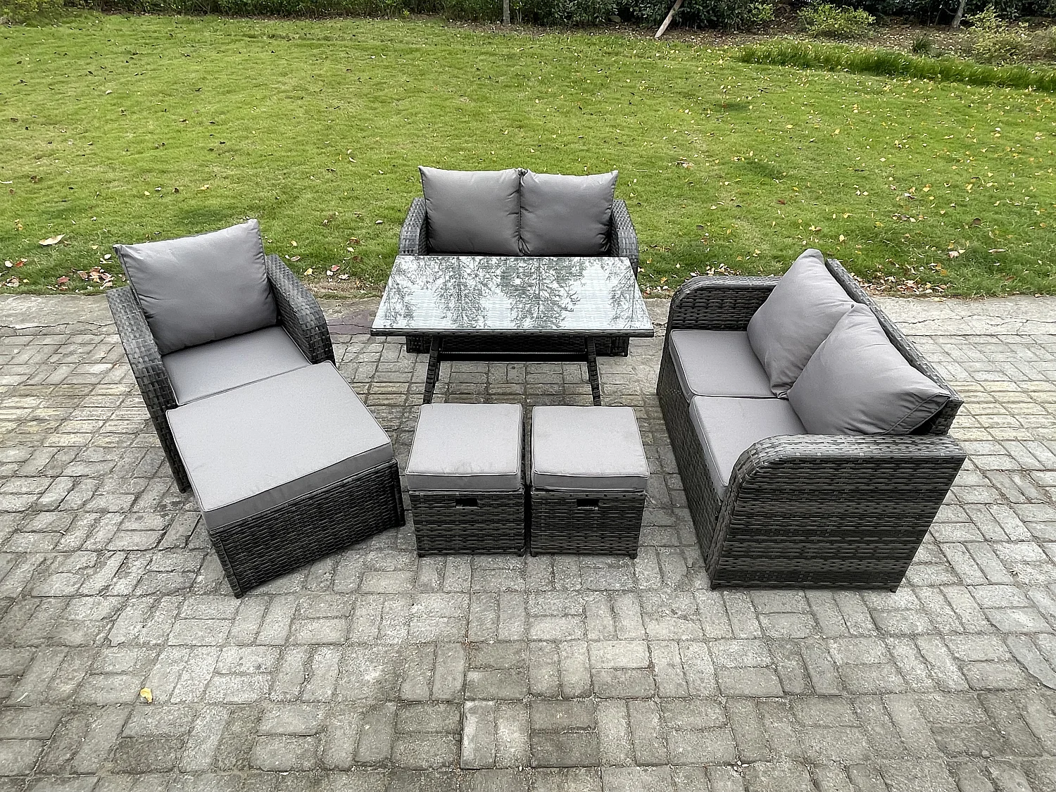 8-Sitzer Polyrattan Gartenmöbel Set mit Esstisch Sesseln Love Sofa 3 Hockern Dunkelgrau Gemischt