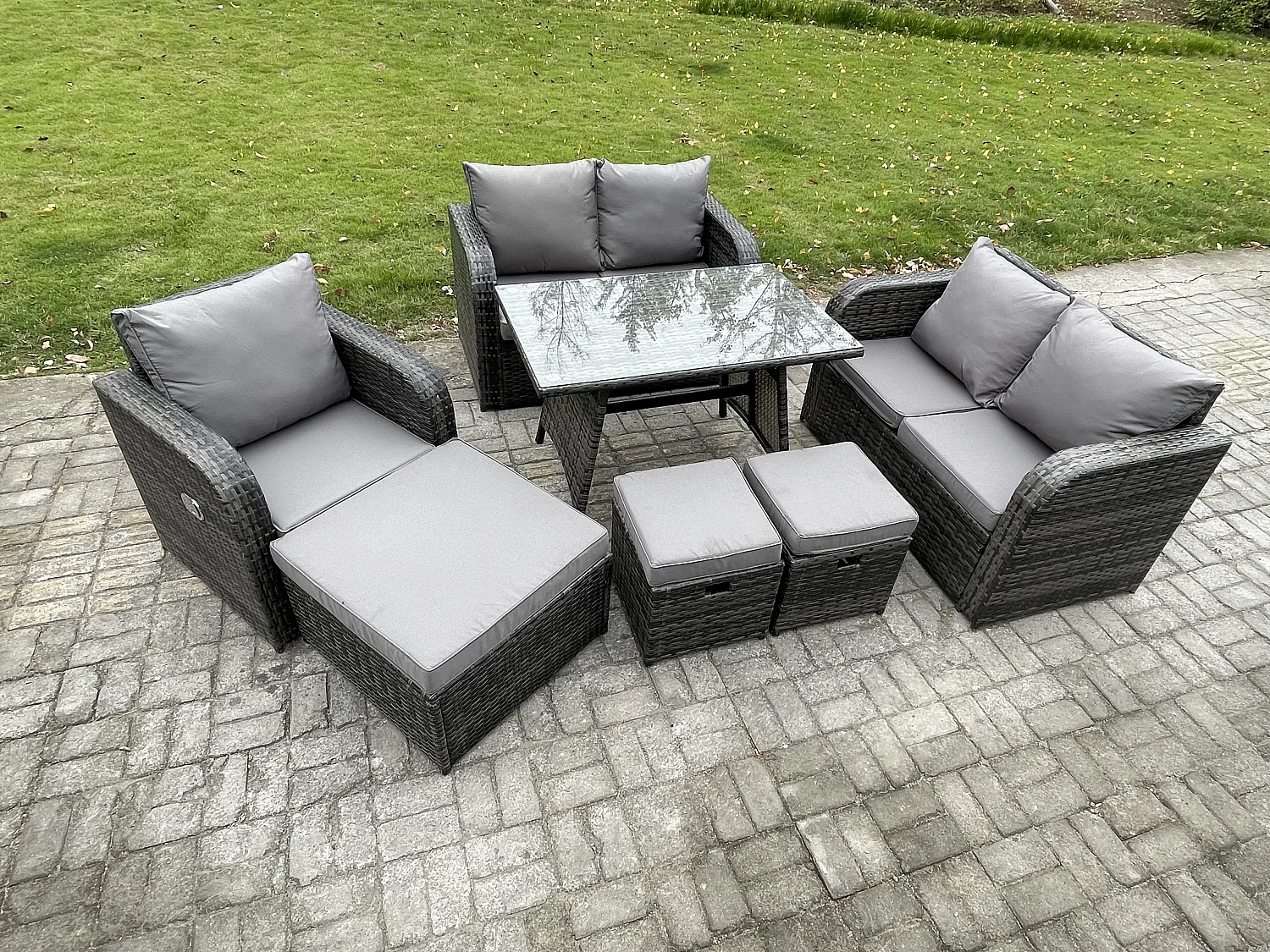 8-Sitzer Polyrattan Gartenmöbel Set mit Esstisch Sesseln Love Sofa 3 Hockern Dunkelgrau Gemischt