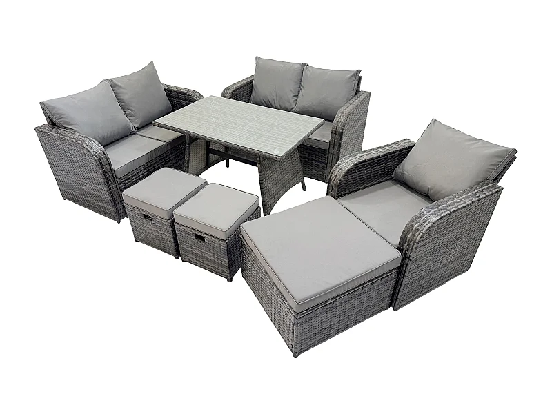 8-Sitzer Polyrattan Gartenmöbel Set mit Esstisch Sesseln Love Sofa 3 Hockern Dunkelgrau Gemischt