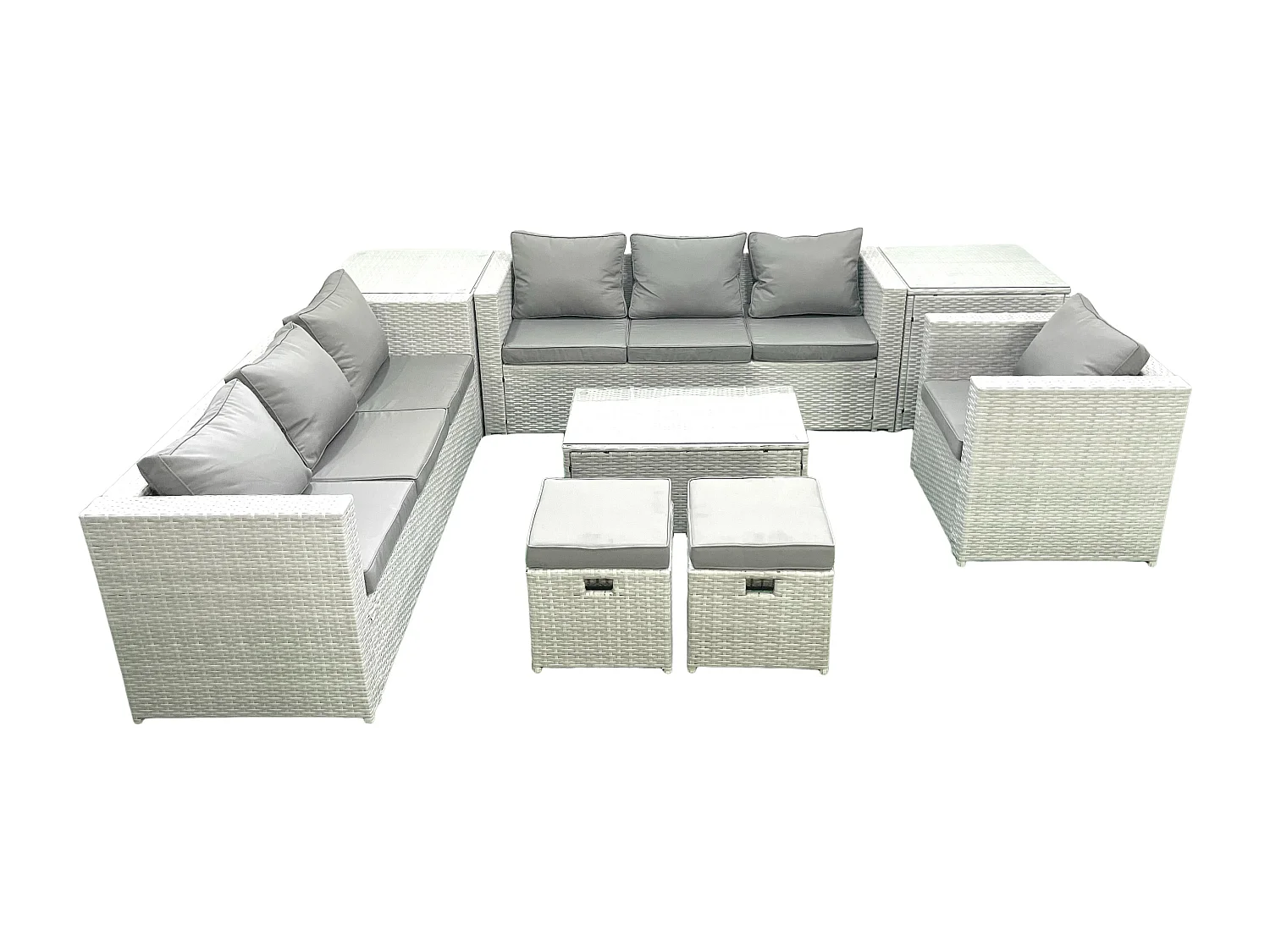 Meubles d'extérieur en rotin avec Fauteuil Table basse oblongue 2 Petits tabourets 2 Tables d'appoint Gris clair mixte