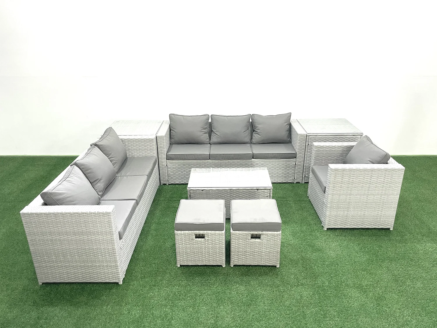 Meubles d'extérieur en rotin avec Fauteuil Table basse oblongue 2 Petits tabourets 2 Tables d'appoint Gris clair mixte