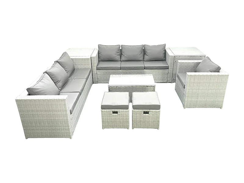 Meubles d'extérieur en rotin avec Fauteuil Table basse oblongue 2 Petits tabourets 2 Tables d'appoint Gris clair mixte