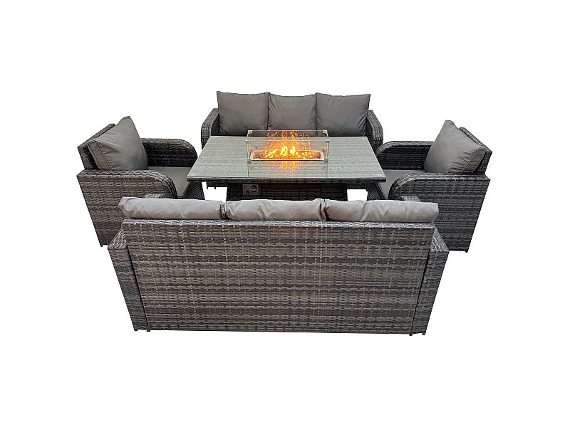 Ensemble de canapés en rotin Table de foyer à gaz Chauffage au gaz avec Canapé 3 places Fauteuil inclinable 8 places Gris foncé mixte