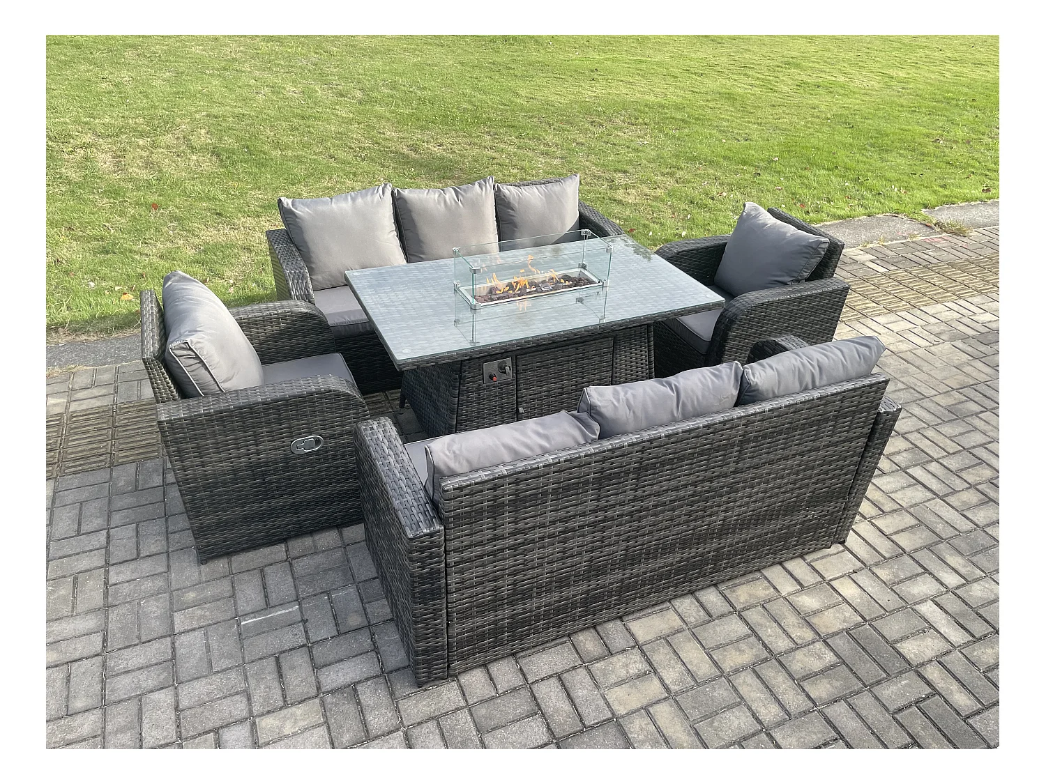 Ensemble de canapés en rotin Table de foyer à gaz Chauffage au gaz avec Canapé 3 places Fauteuil inclinable 8 places Gris foncé mixte