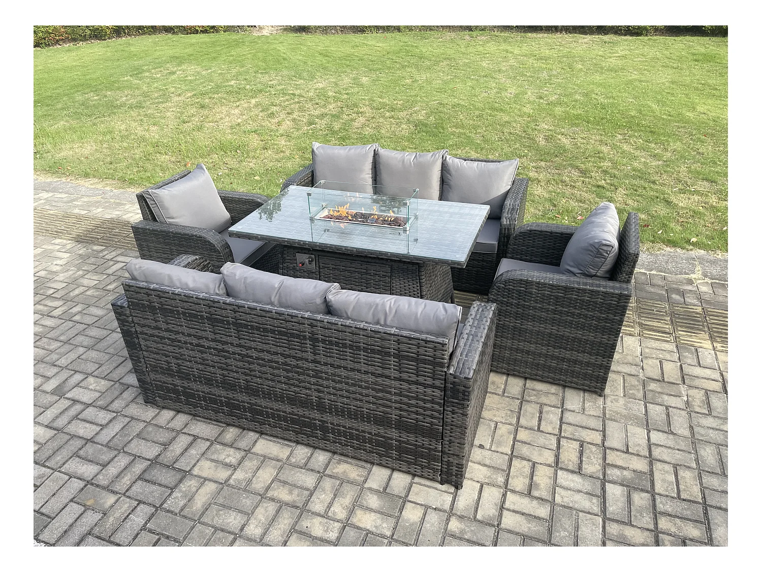 Ensemble de canapés en rotin Table de foyer à gaz Chauffage au gaz avec Canapé 3 places Fauteuil inclinable 8 places Gris foncé mixte