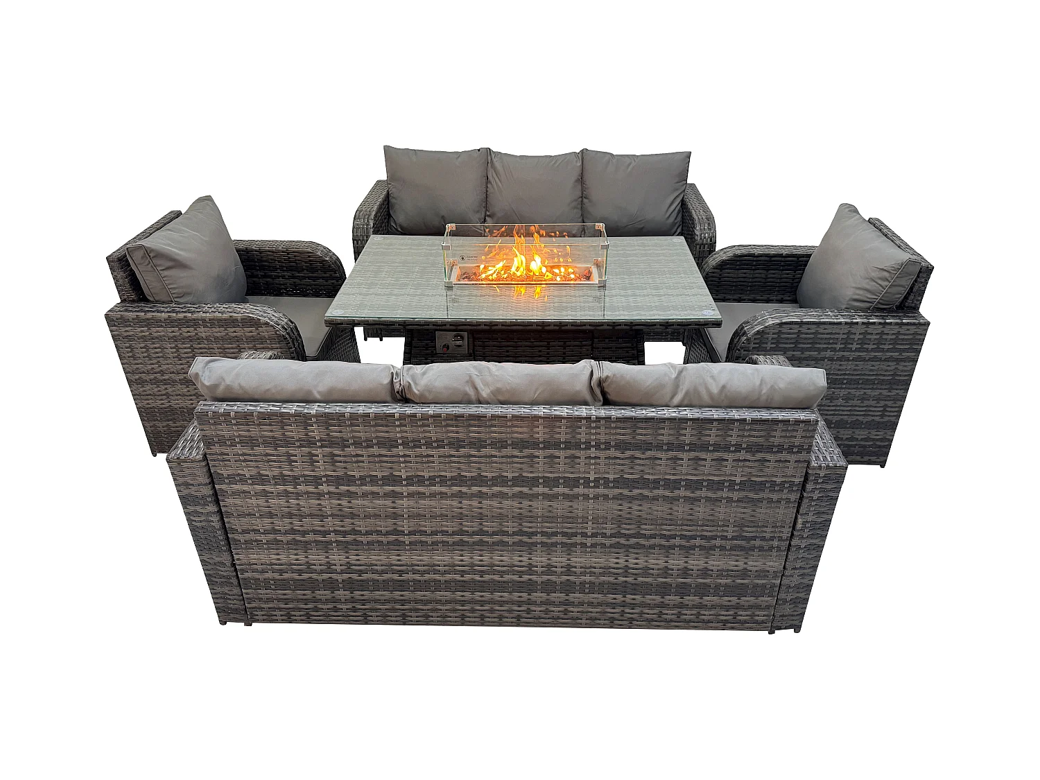 Rattan Gartenmöbel Sofa Set Gas Feuerstelle Esstisch mit 3-Sitzer Sofa Sessel 8-Sitzer Dunkelgrau Gemischt