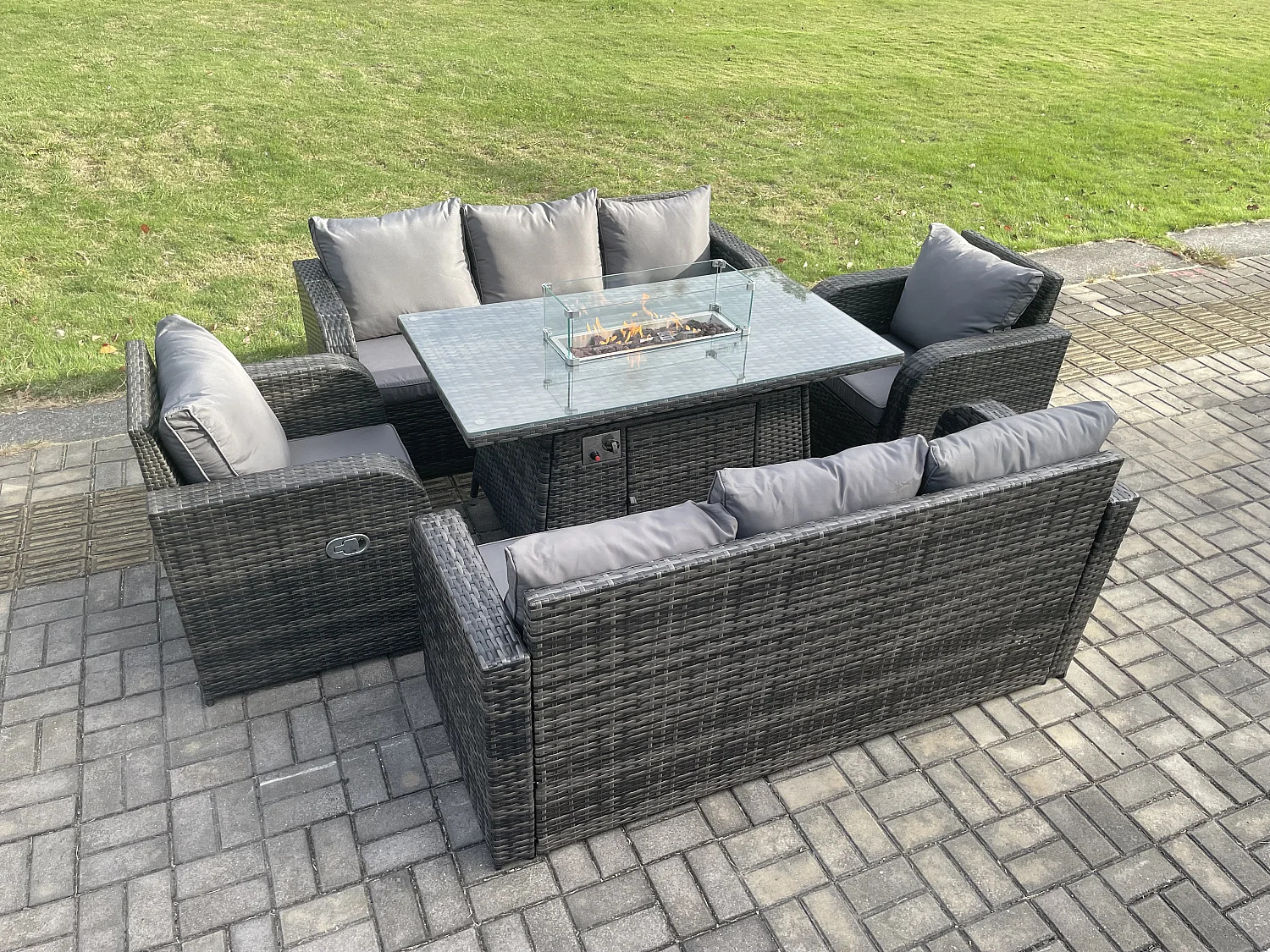 Ensemble de canapés en rotin Table de foyer à gaz Chauffage au gaz avec Canapé 3 places Fauteuil inclinable 8 places Gris foncé mixte